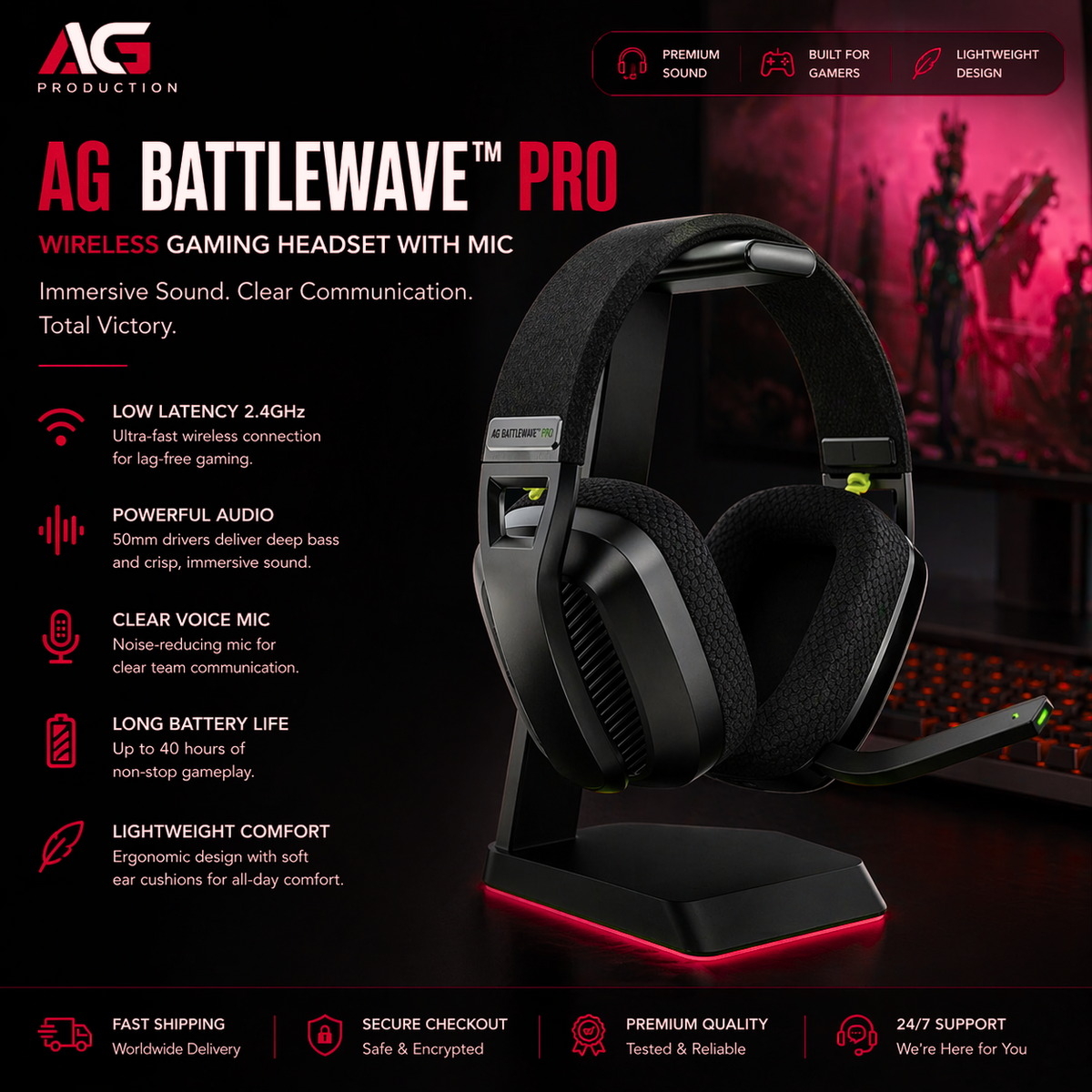 AG BattleWave™ — Pro Wireless Gaming Headset with Mic - AG Production 