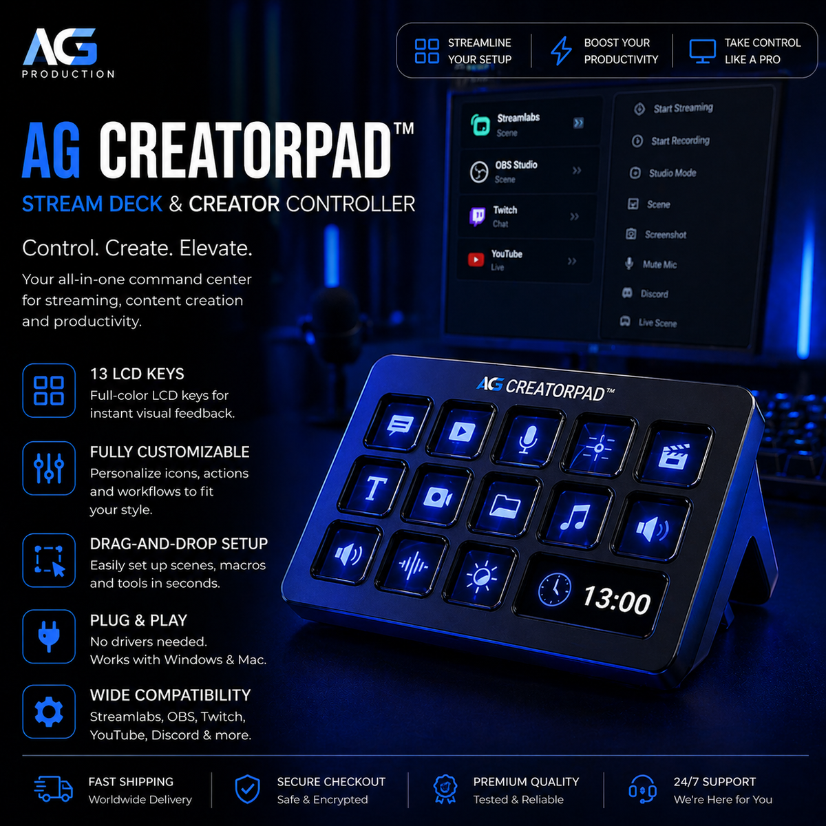 AG CreatorPad™ – Customizable 13-Key LCD Stream Controller - AG Production 