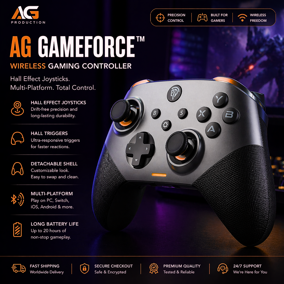 AG GameForce™ Wireless Gaming Controller — Hall Effect Joysticks, Multi-Platform - AG Production 