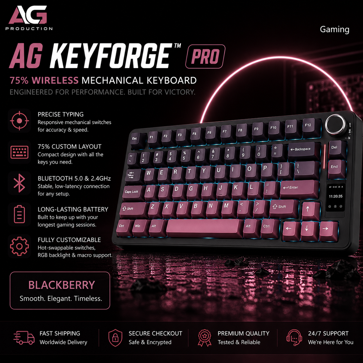 AG Keyforge Pro 75% wireless mechanical keyboard in a gaming setup, featuring black and dark pink/black keycaps with RGB backlighting, set against a dark gaming-themed background with product specifications and features listed on the left.