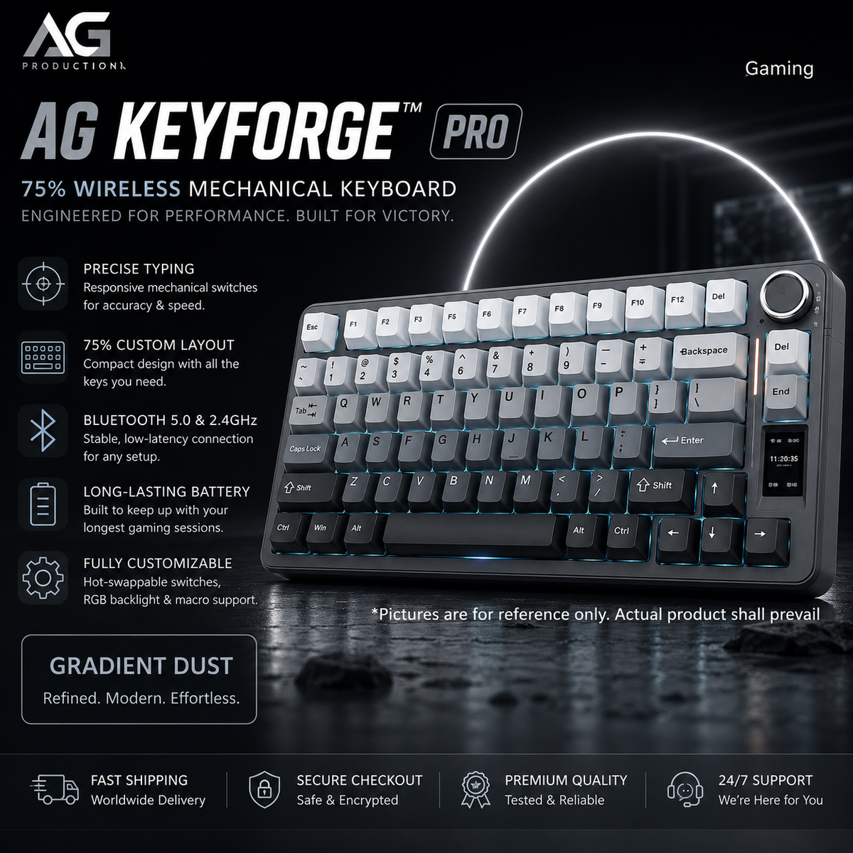 Promotional graphic for the AG Keyforge Pro 75% wireless mechanical keyboard, showing the keyboard at an angle with glowing blue backlighting on a dark reflective background, surrounded by feature callouts and branding.
