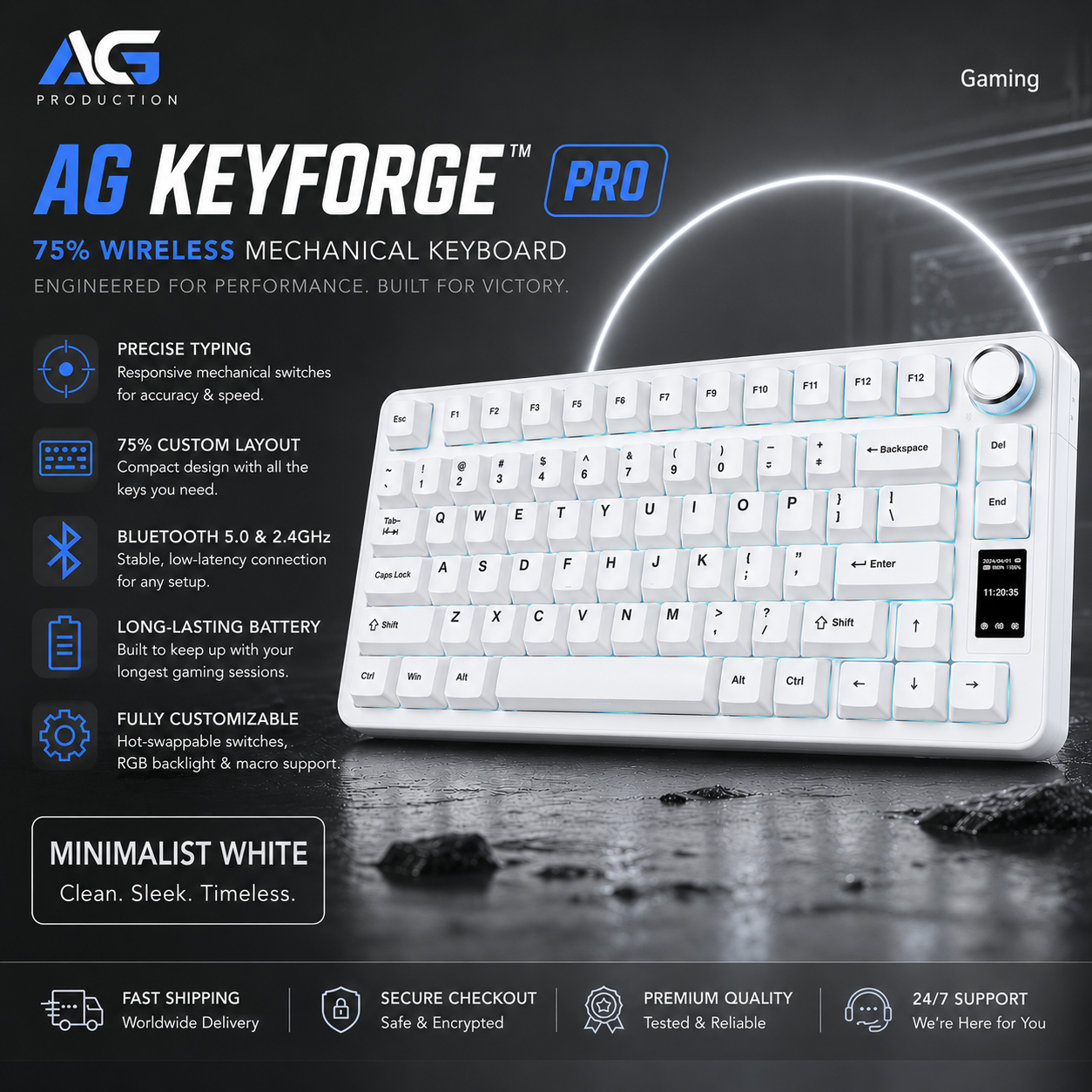 A promotional graphic for the AG Keyforge Pro 75% wireless mechanical keyboard. The keyboard itself is shown in the lower-right, with a white face, black keycaps, and a silver rotary knob.
