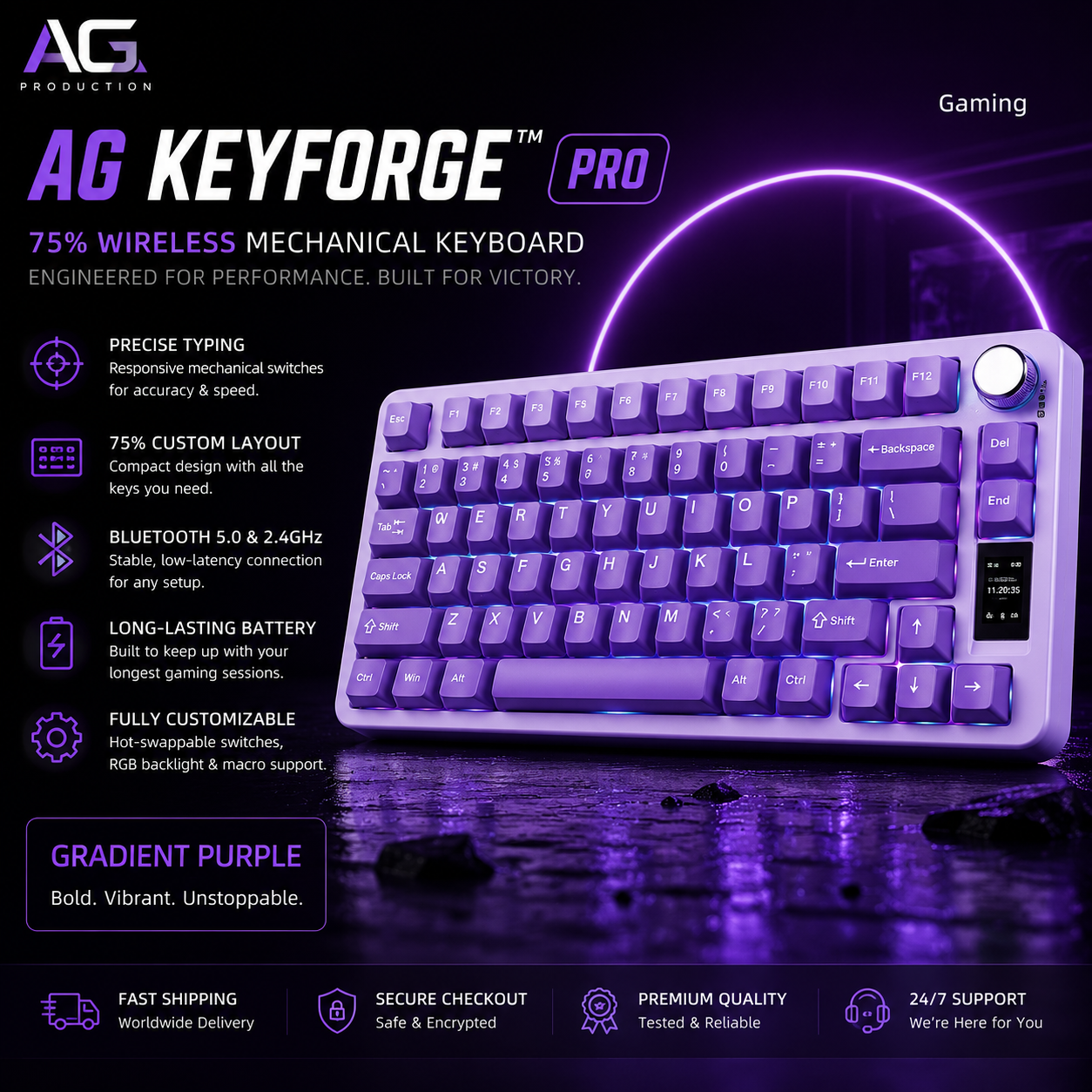 A promotional graphic for the AG Keyforge Pro gaming keyboard, showing a compact mechanical keyboard with purple gradient keys and a white circular volume knob, set against a dark gaming-themed background with purple lighting effects and feature callouts.