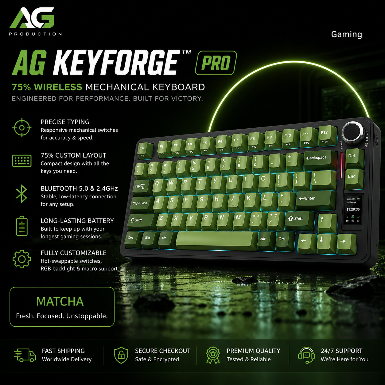 Promotional graphic for the AG Keyforge Pro gaming keyboard, showing the keyboard on a dark reflective surface with glowing green key accents and surrounding feature callouts.