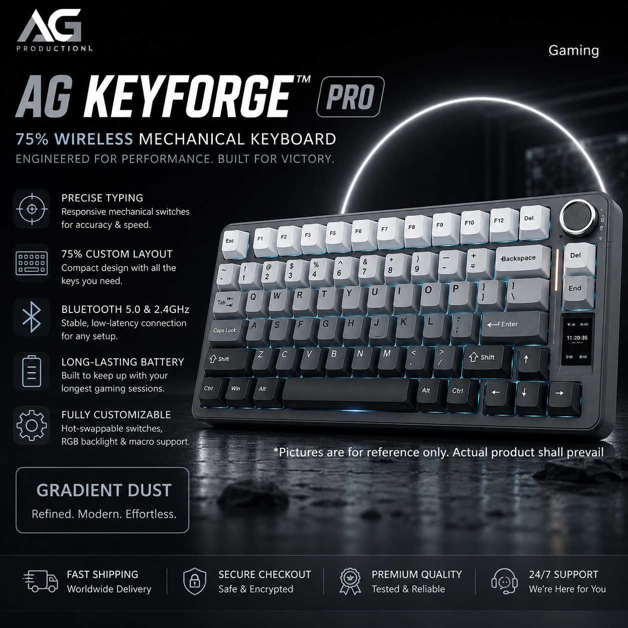 Promotional graphic for the AG Keyforge Pro 75% wireless mechanical keyboard, showing the keyboard at an angle with glowing blue backlighting on a dark reflective background, surrounded by feature callouts and branding.