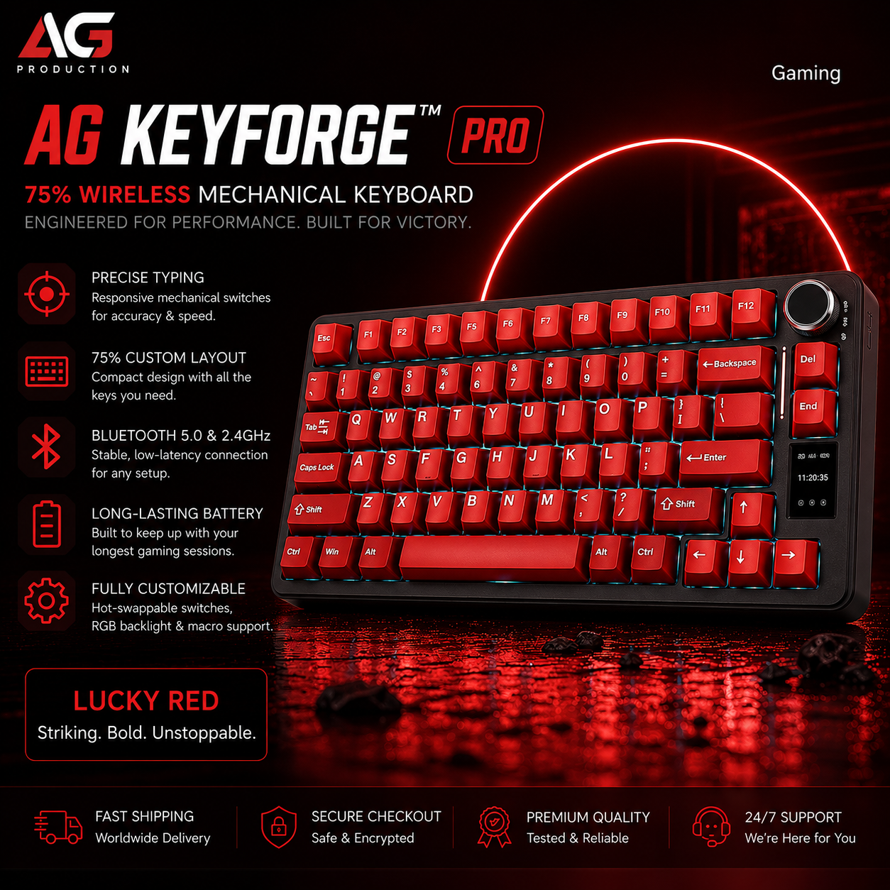 AG Keyforge Pro 75% wireless mechanical keyboard in 'Lucky Red' with red switches and red LED backlighting, shown on a dark background with feature callouts and icons.