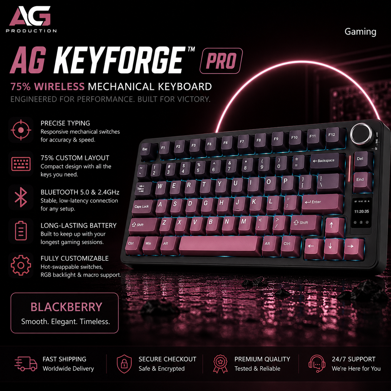 AG Keyforge Pro 75% wireless mechanical keyboard in a gaming setup, featuring black and dark pink/black keycaps with RGB backlighting, set against a dark gaming-themed background with product specifications and features listed on the left.