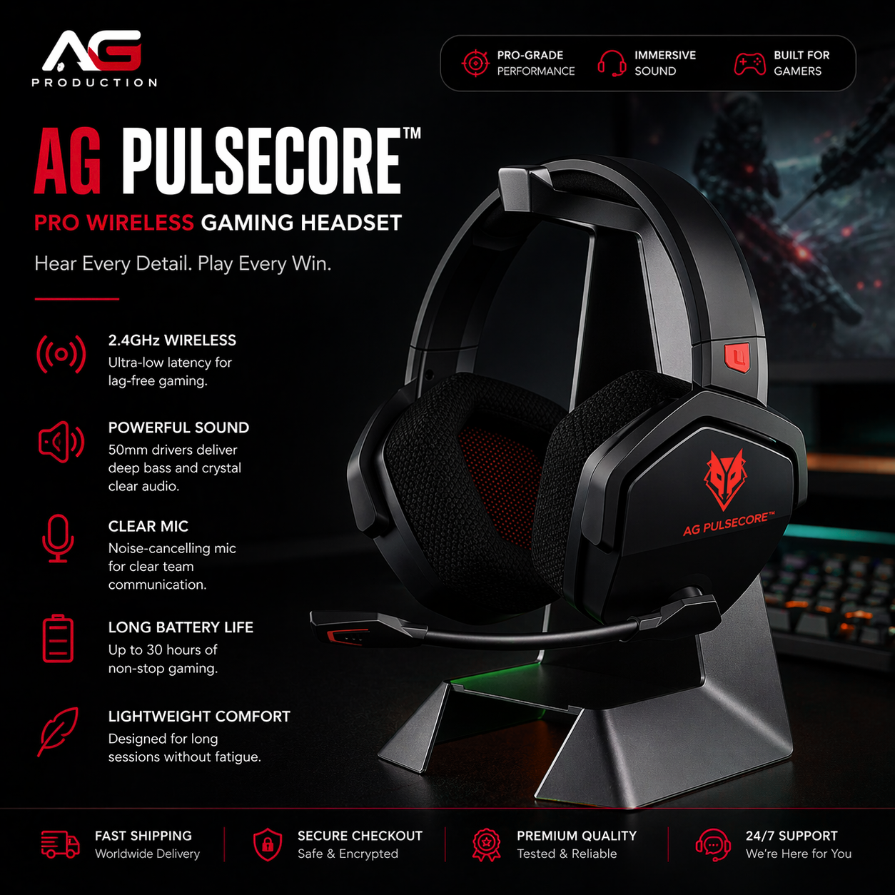 AG PulseCore™ Pro— Wireless Gaming Headset with Microphone - AG Production 